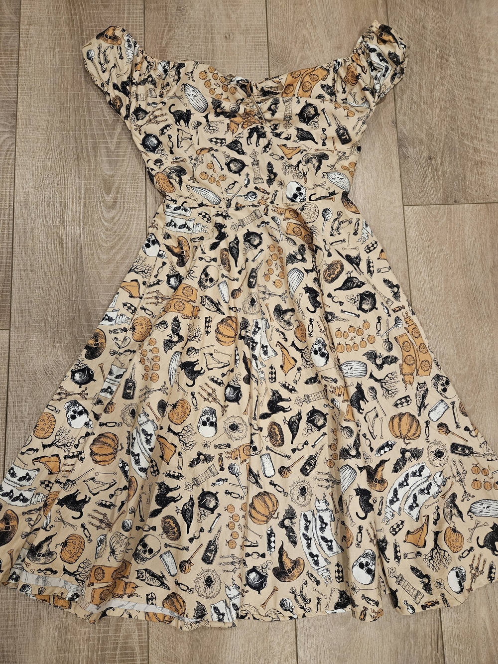 Halloween Witchy Gothic Cottagecore 100% Cotton Dress Cat Skull Pumpkin Print M - Picture 7 of 16